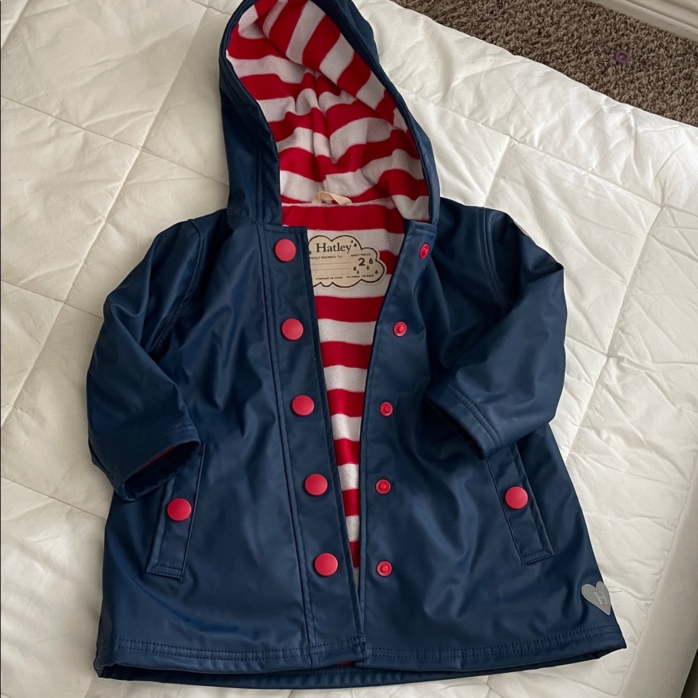 Hatley Blue Raincoat with Red Buttons